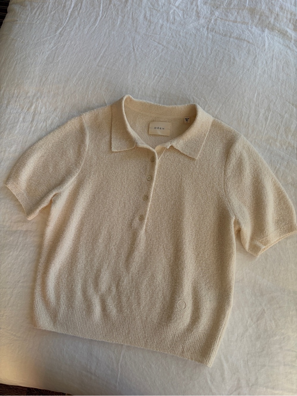 Doen Artie Merino Boucle Collar Polo Button Short Sleeve Knit Top Ivory Cream - Picture 8 of 15
